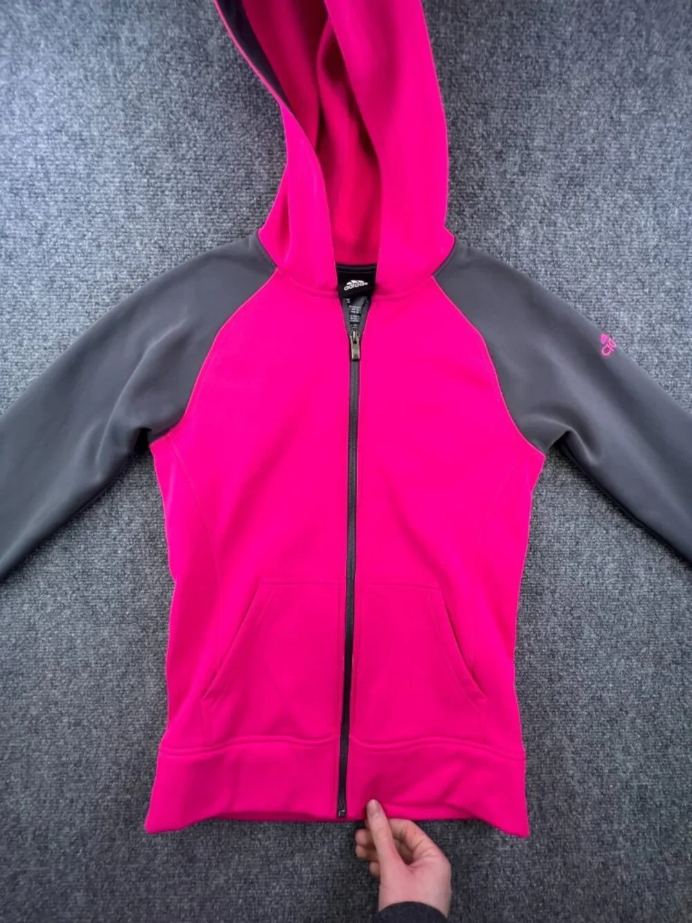 Adidas Girls Jacket 14 Large Gray Pink Hoodie Full Zip w Logo Fleece Inside